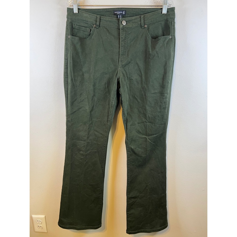 Susan Graver Womens Straight Leg Pants Stretch Twill Olive Green 12
